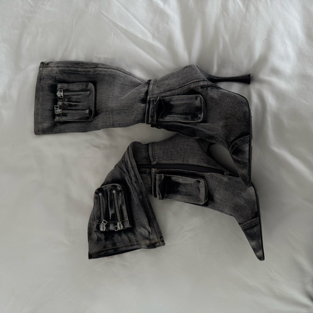 Stylish Gray Denim Heeled Boots